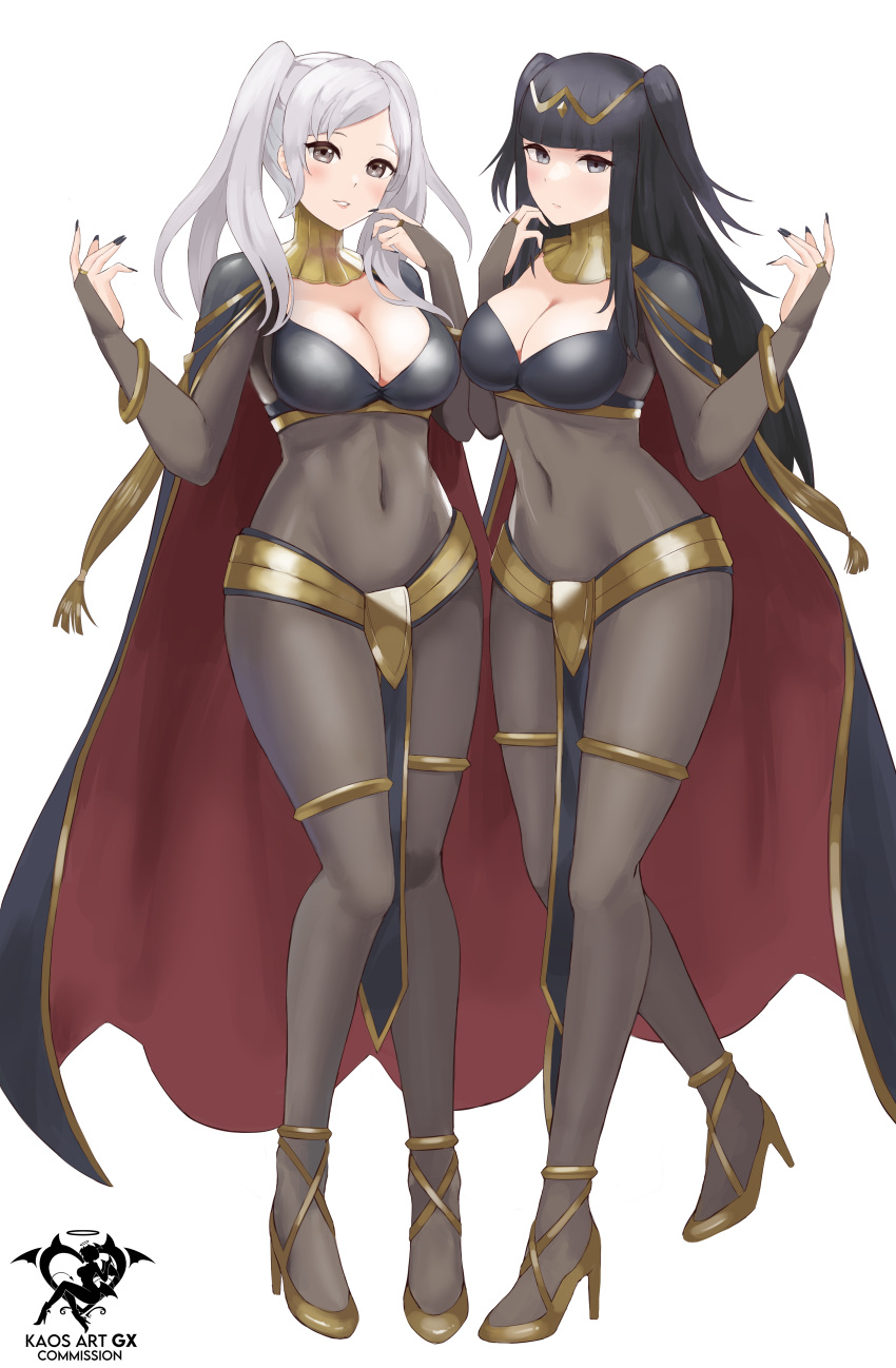 2girls absurdres artist_logo artist_name black_hair blush bodystocking breasts brown_eyes cape cleavage cleavage_cutout clothing_cutout commission cosplay female female_only fire_emblem fire_emblem_awakening full_body grey_eyes hair_ornament heels hi_res high_heels highres hips huge_breasts kaos_art large_breasts light-skinned_female light_skin long_hair multiple_girls navel nintendo pale-skinned_female pale_skin patreon_username robin_(fire_emblem) robin_(fire_emblem)_(female) simple_background slim_waist smile stomach tharja_(fire_emblem) tharja_(fire_emblem)_(cosplay) thick_thighs thighs twintails white_background white_hair wide_hips