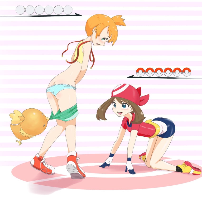 2girls ankle_socks anklehighs ass asymmetrical_hair back bare_shoulders black_socks blue_eyes blush creatures_(company) female female_only game_freak gen_3_pokemon green_eyes highres kasumi_(pokemon) may_(pokemon) microsd_(artist) misty_(pokemon) multiple_girls nintendo open_mouth orange_hair pokemon pokemon_(anime) pokemon_(classic_anime) pokemon_(game) pokemon_(species) pokemon_rgby pokemon_rse ponytail shirt short_hair side_ponytail simple_background socks suspenders tank_top tennis thigh_gap thighs tied_hair torchic yellow_shirt yellow_tank_top