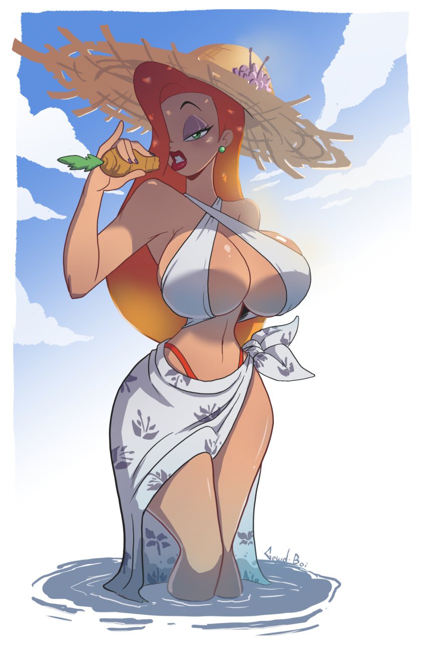 1girls 2022 alternate_version_available artist_signature beach big_breasts bikini bikini_bottom carrot cleavage disney earrings eating_carrot eyeshadow female female_only gewd-boi green_eyes hair_over_one_eye hat holding_carrot hourglass_figure jessica_rabbit lips lipstick long_hair long_red_hair looking_at_viewer mature mature_female mature_woman orange_bikini_bottom pinky_out purple_eyeshadow red_hair red_lipstick solo solo_female sun_hat thighs towel_around_waist white_bikini_top who_framed_roger_rabbit