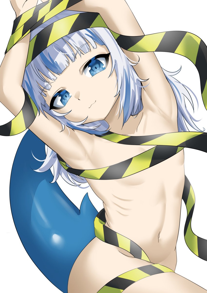 1girls :3 armpits belly_button blue_eyes caution_tape convenient_censoring covered_nipples eyebrows_visible_through_hair female flat_chest gawr_gura gills hololive hololive_english hololive_myth light-skinned_female naked nude nude_female rebelium_(artist) shark_girl shark_tail solo solo_female virtual_youtuber white_background white_hair wrapped