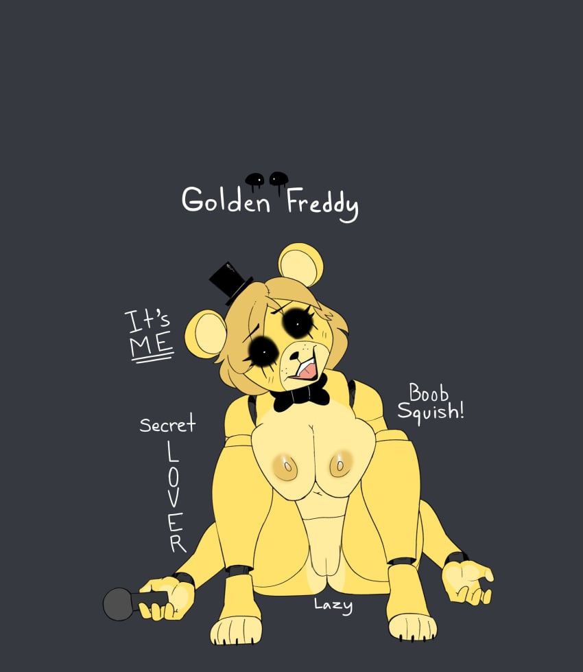 1girls 2022 4_fingers absurd_res animatronic anthro black_sclera blonde_hair bow_tie breast_squish breasts clothing creepy digital_drawing_(artwork) digital_media_(artwork) english_text fangs feet female fingers five_nights_at_freddy's five_nights_in_anime freckles genitals golden_freddy_(fnaf) hair hat headgear headwear hi_res holding_microphone holding_object machine mammal microphone mostly_nude nipples on_ground open_mouth pupils pussy robot rule_63 scottgames simple_background sitting smile solo squish teeth text tongue top_hat ursid video_games void_eyes white_pupils yellow_body zhenai