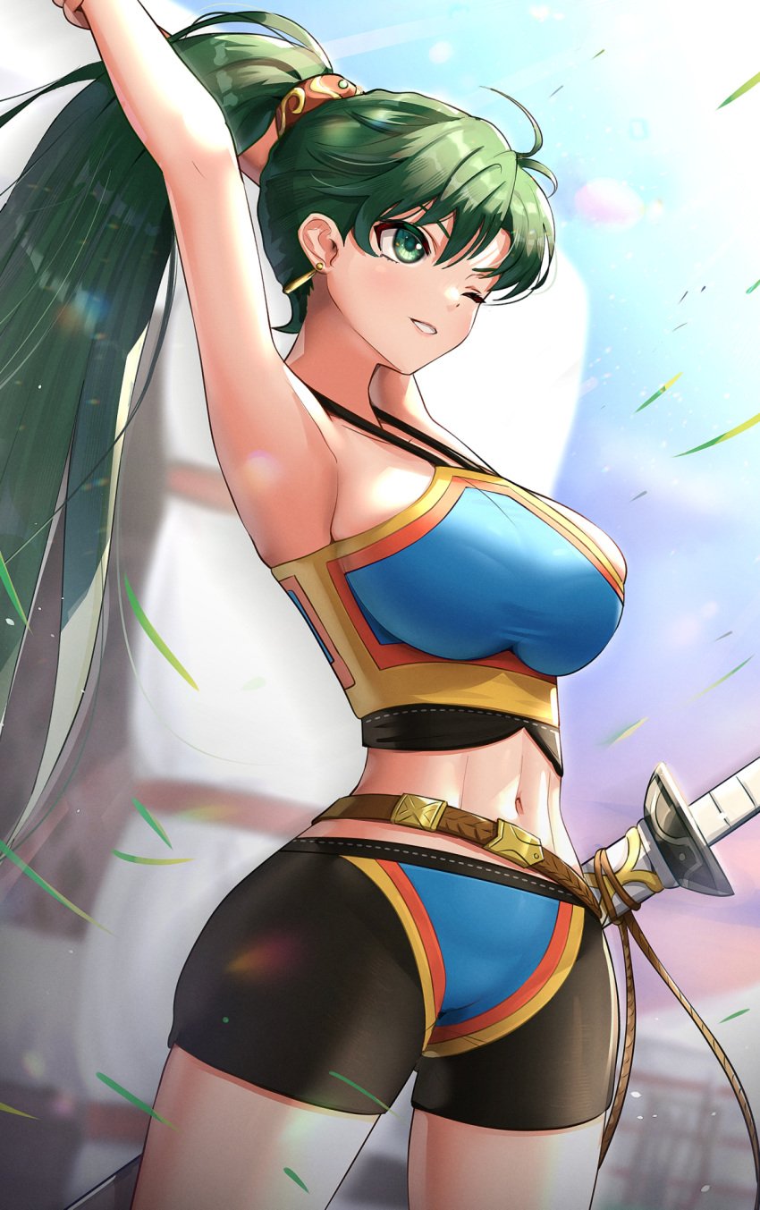 1girls ;d absurdres adapted_costume armpits arms_up bangs belt bike_shorts blush breasts commentary_request cowboy_shot earrings female female_only fire_emblem fire_emblem:_the_blazing_blade fire_emblem_warriors gonzarez green_eyes green_hair high_ponytail highres jewelry large_breasts long_hair lyn_(fire_emblem) navel nintendo official_alternate_costume one_eye_closed open_mouth parted_lips ponytail scabbard sheathed shorts smile solo sports_bra stomach sword toned very_long_hair weapon