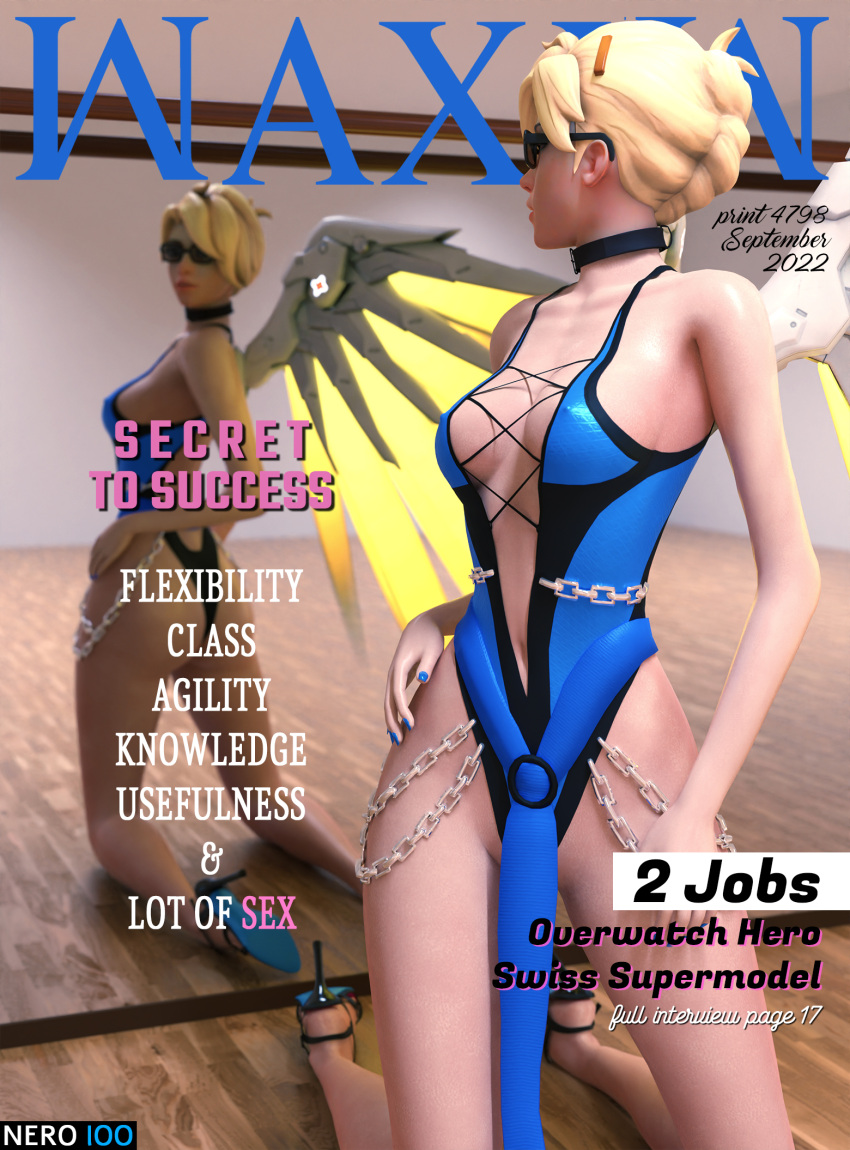 1girls 3d angela_ziegler ass big_ass big_breasts blender blizzard_entertainment blonde_female blonde_hair breasts chains collar dress female female_only from_behind front_page glasses heels hi_res kneel legs light_hair light_skin magazine magazine_front_page mercy mirror nails neckline nero100 nipples no_bra open_toe_shoes overwatch overwatch_2 plunging_neckline pose solo solo_female thighs waxiw wings