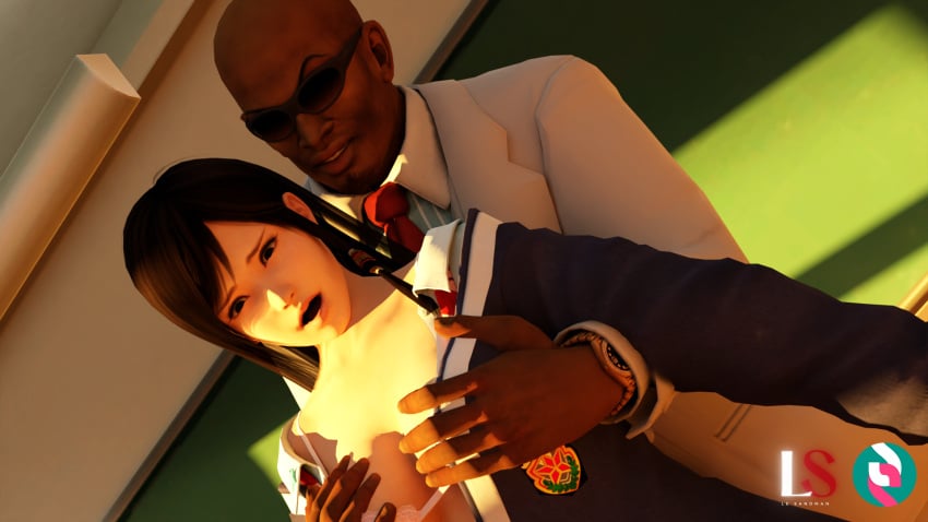 1boy 1girls 3d black_hair blender brown_hair chalkboard classroom dark-skinned_male dark_skin dead_or_alive groping groping_breasts groping_from_behind interracial kokoro_(doa) le_sandman straight student student_and_teacher sunset tagme teacher undressing uniform xnalara zack_(dead_or_alive)