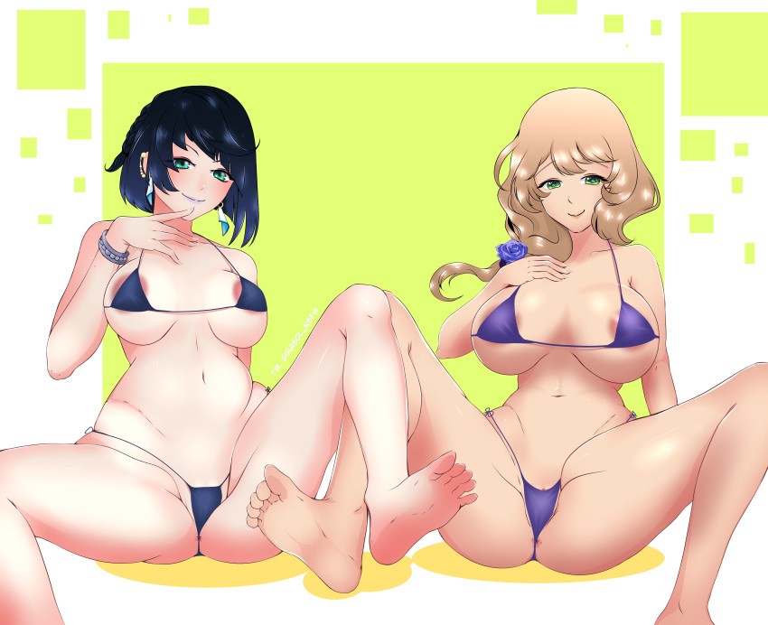 2girls bikini breasts commission female female_only genshin_impact girasol_nsfw lisa_(genshin_impact) multiple_girls open_legs pov twitter_username yelan_(genshin_impact)