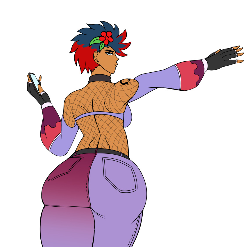 ass ass_focus big_ass blue_eyes blue_hair bottom_heavy dual_dragon fingerless_gloves flower_in_hair gloves holding_phone huge_ass jeans looking_at_viewer looking_back multicolored_clothes omega_symbol original_character red_hair short_hair sideboob spiky_hair tanned_skin tattoo tight_jeans tight_pants two_tone_hair wide_sleeves