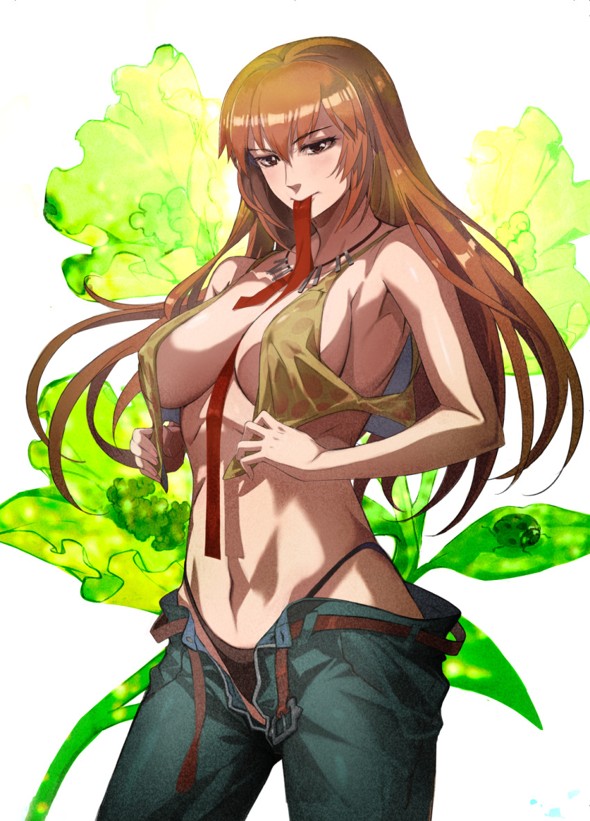 1girls big_breasts breasts busty chinese_girl dressing exposed_torso highleg_panties jeans joy_(shenmue) long_hair miyo_(miyo54830563) mouth_hold navel necklace nipple_bulge nipples orange_hair panties pants_open shenmue solo_female top