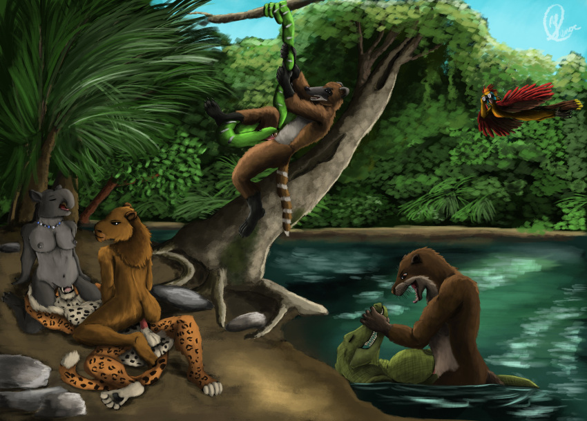 absurd_res alligatorid anthro binoculars boa_(snake) boa_constrictor boinae breast_play breasts brown_body brown_fur caiman capybara caviid coati crocodilian cunnilingus dirt duo feathers felid fellatio female feral forest fur genitals green_leaves grey_body grey_fur group group_sex hair hi_res hoatzin jaguar jewelry jungle leaf light long_hair lutrine male male/female male/male mammal mustelid necklace open_mouth oral orgy paizuri palm_tree pantherine penile penis plant procyonid rainforest red_body red_feathers reptile river river_otter rock rodent scales scalie sex sky snake spots sunlight tapir threesome titfuck titjob tree vaginal_penetration water yellow_body yellow_feathers yenocwolf