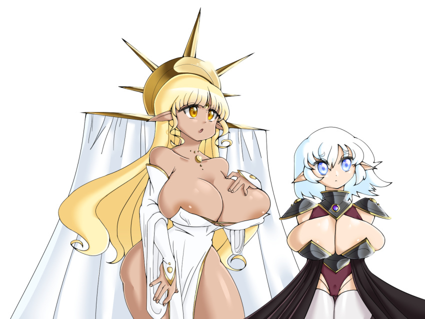 2girls areola areolae armor blonde_hair blue_eyes breasts breasts_out byternomar dark-skinned_female dress elf elf_ears elf_female gaurd golden_eyes hips knight large_ass large_breasts large_hips original original_character original_characters princess smaller_female voluptuous voluptuous_female wardrobe_malfunction white_hair wide_hips yellow_eyes