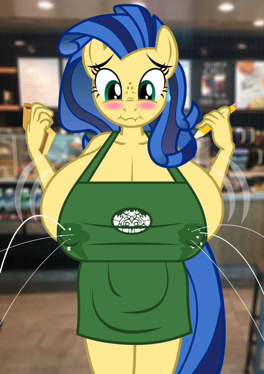 2021 anthro anthrofied apron apron_only big_breasts bite biting_lip blue_hair blush bodily_fluids breast_expansion breasts cleavage clothed clothing coffee_shop earth_pony embarrassed equid equine expansion eyelashes fan_character female flashequestria freckles friendship_is_magic fur green_eyes hair hi_res holding_note_pad holding_object holding_pencil horse huge_breasts i_mean_breast_milk inside lactating lactating_through_clothing mammal meme milk milky_way_(mlp) mostly_nude my_little_pony nipple_outline note_pad pencil_(object) photo_background pony side_boob solo starbucks wet wet_clothing yellow_body yellow_fur