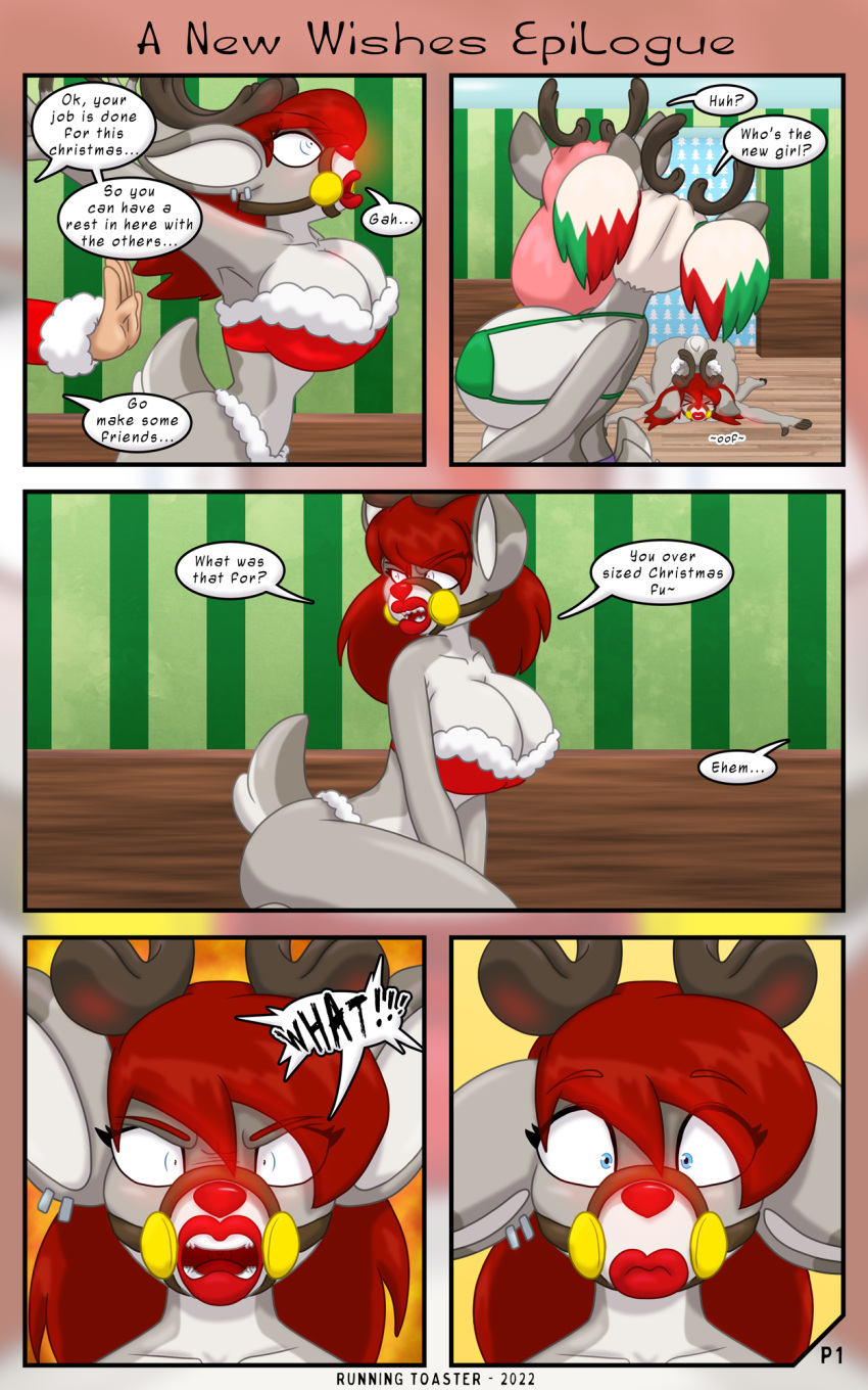 1girls christmas comic english_text female female_only furry page_1 reindeer runningtoaster tagme