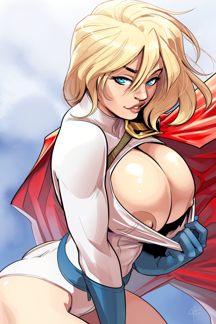 big_breasts blue_eyes clothing dc dc_comics nipples power_girl seductive seductive_smile smile solo solo_female superheroine superman_(series) tagme temporalwolf