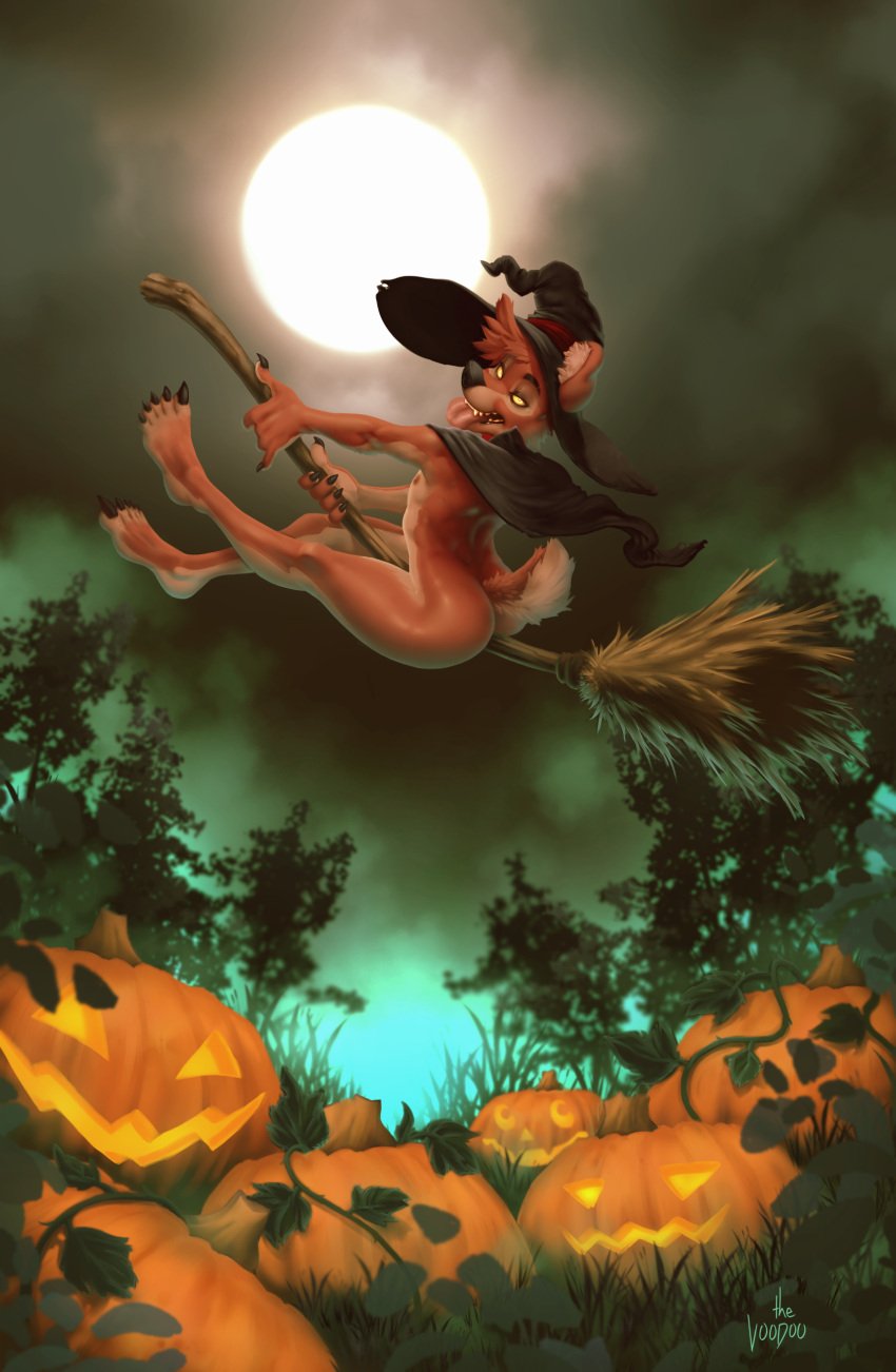 absurd_res ambiguous_gender anthro ass canid canine canis food fruit halloween hi_res holidays jack-o'-lantern magic_user male mammal moon october pinup plant pose pumpkin red_wolf riley_(disambiguation) solo supernatural the_v00d00 voodoo witch wolf