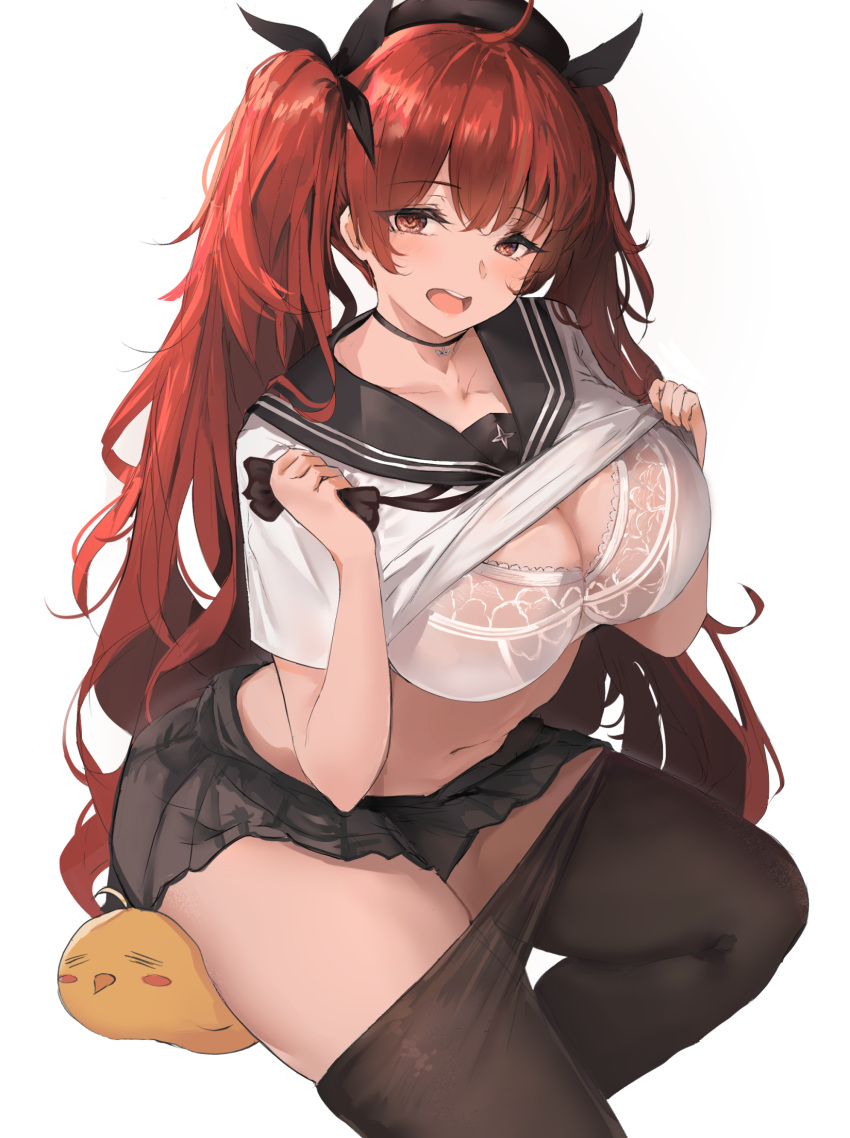 1girls azur_lane bangs big_breasts black_choker black_headwear black_legwear black_skirt black_thighhighs bra breasts choker clothes_lift clothes_pull female female_focus hair_ornament honolulu_(azur_lane) honolulu_(umbrella_girl)_(azur_lane) liaowen light-skinned_female long_hair looking_at_viewer manjuu_(azur_lane) miniskirt navel official_alternate_costume open_mouth pale-skinned_female pantyhose red_eyes red_hair school_uniform shirt shirt_lift smile thighhighs thighs twintails underwear white_bra