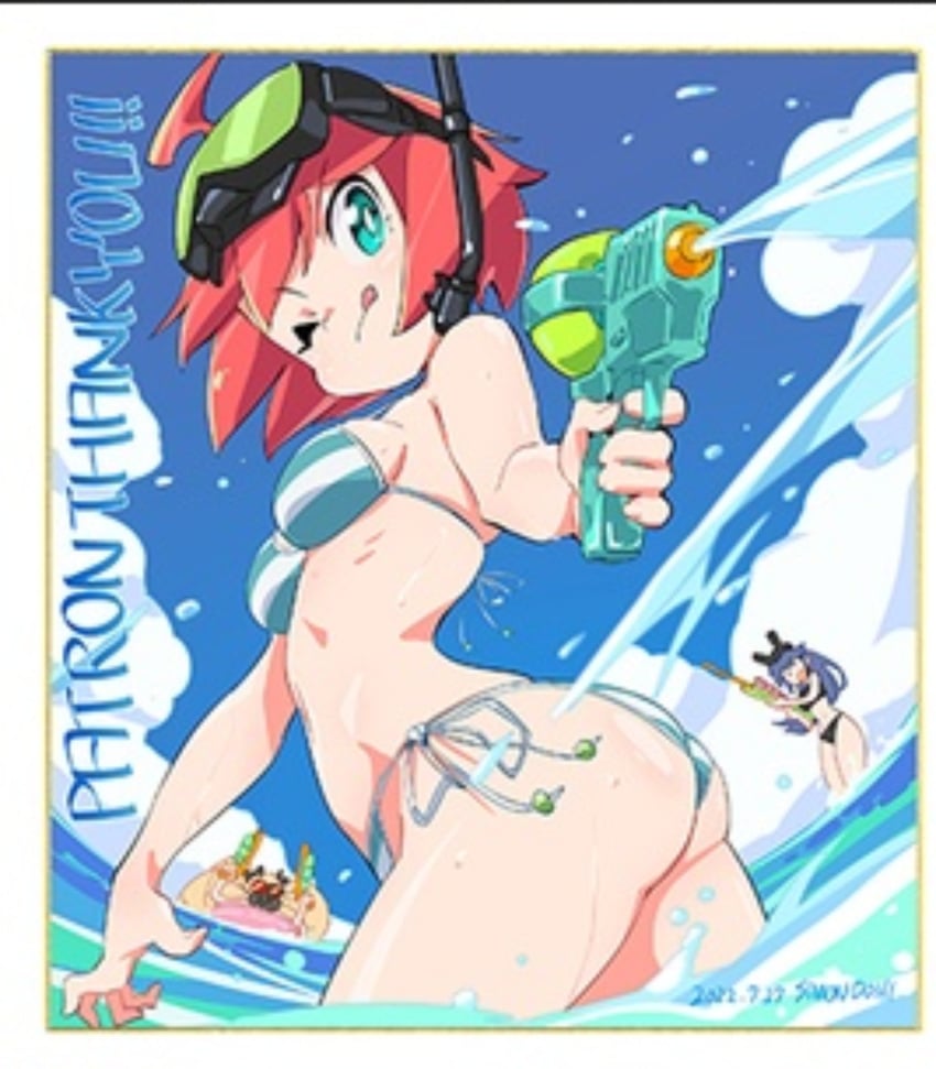 3girls ass bikini blonde_hair blue_hair breasts huge_ass large_breasts luluco multiple_girls muzzle_(trigger) red_hair space_patrol_luluco spring_(trigger) swimsuit tagme trigger-chan