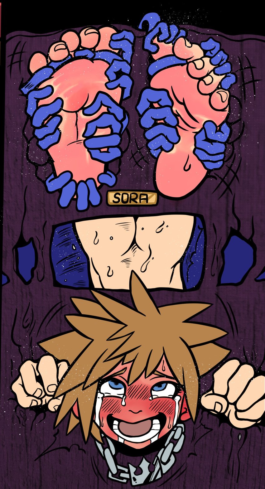 ass big_feet blue_eyes blue_lignum blush bondage crying crying_with_eyes_open feet foot_fetish kingdom_hearts lignum male_feet name_plate necklace red_face solo_male sora sora_(kingdom_hearts) sweat tears tickle_fetish tickle_monster tickle_torture tickling tickling_feet toes_tied tree_bondage twomario_(artist)