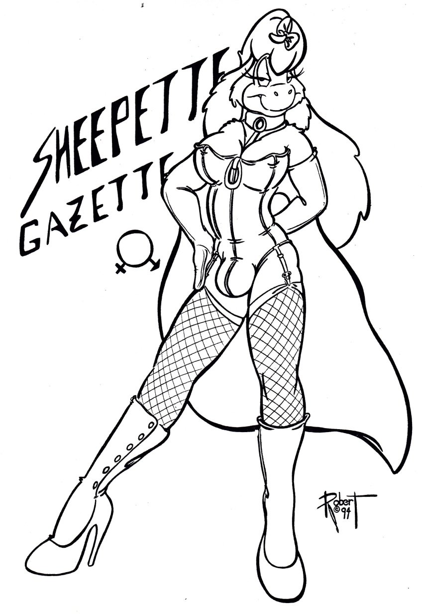 1990s 1994 20th_century anthro bulge bulge_through_clothing cape corset fishnets furry futanari garter_belt herm high_heel_boots high_heels intersex latex original original_character rubber sheep traditional_media_(artwork) vawlkee