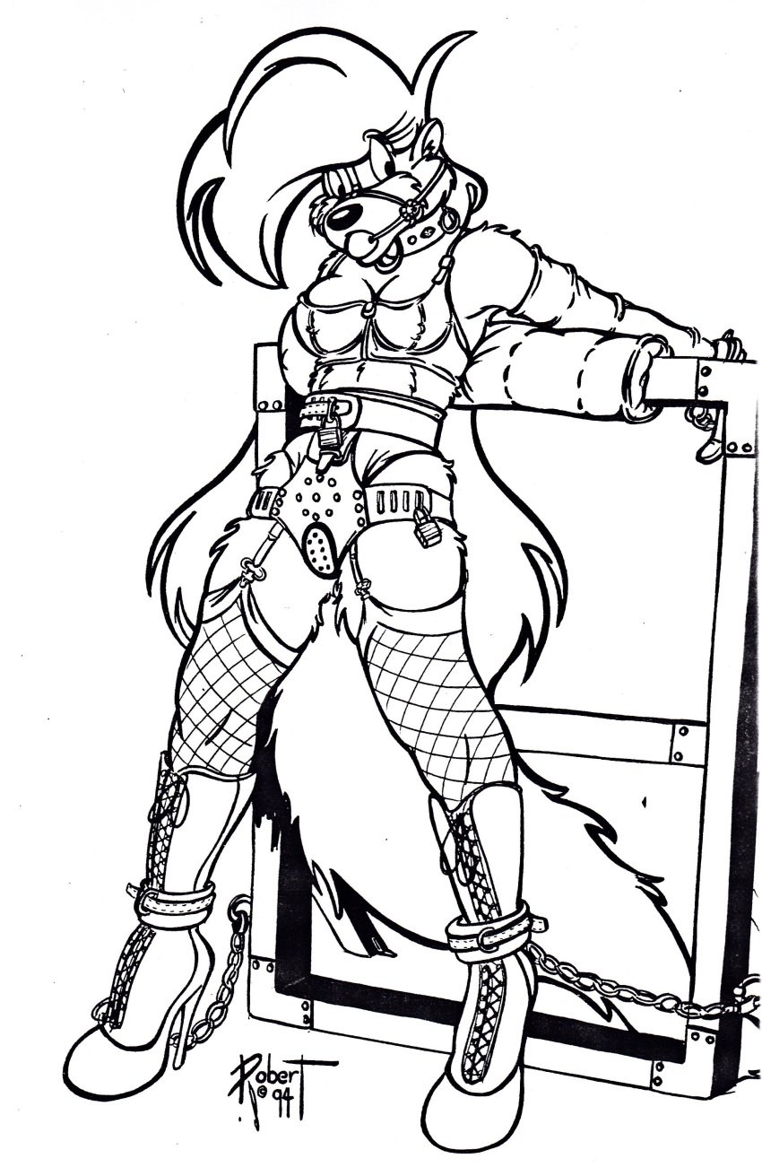 1990s 1994 1girls 20th_century anthro ball_gag belt bondage chained chastity chastity_belt collar corset cuffed female female_chastity female_only fishnets gagged garter_belt high_heels latex original original_character traditional_media_(artwork) vawlkee