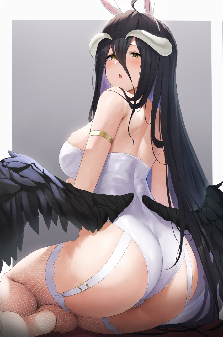 1girls ahoge albedo_(overlord) ass black_hair breasts bunny_ears bunny_girl bunnysuit demon demon_girl female futon_fly_away hi_res highleg_leotard horns huge_ass huge_breasts large_ass large_breasts leotard light-skinned_female light_skin long_hair overlord_(maruyama) succubus thighhighs wedgie white_leotard yellow_eyes