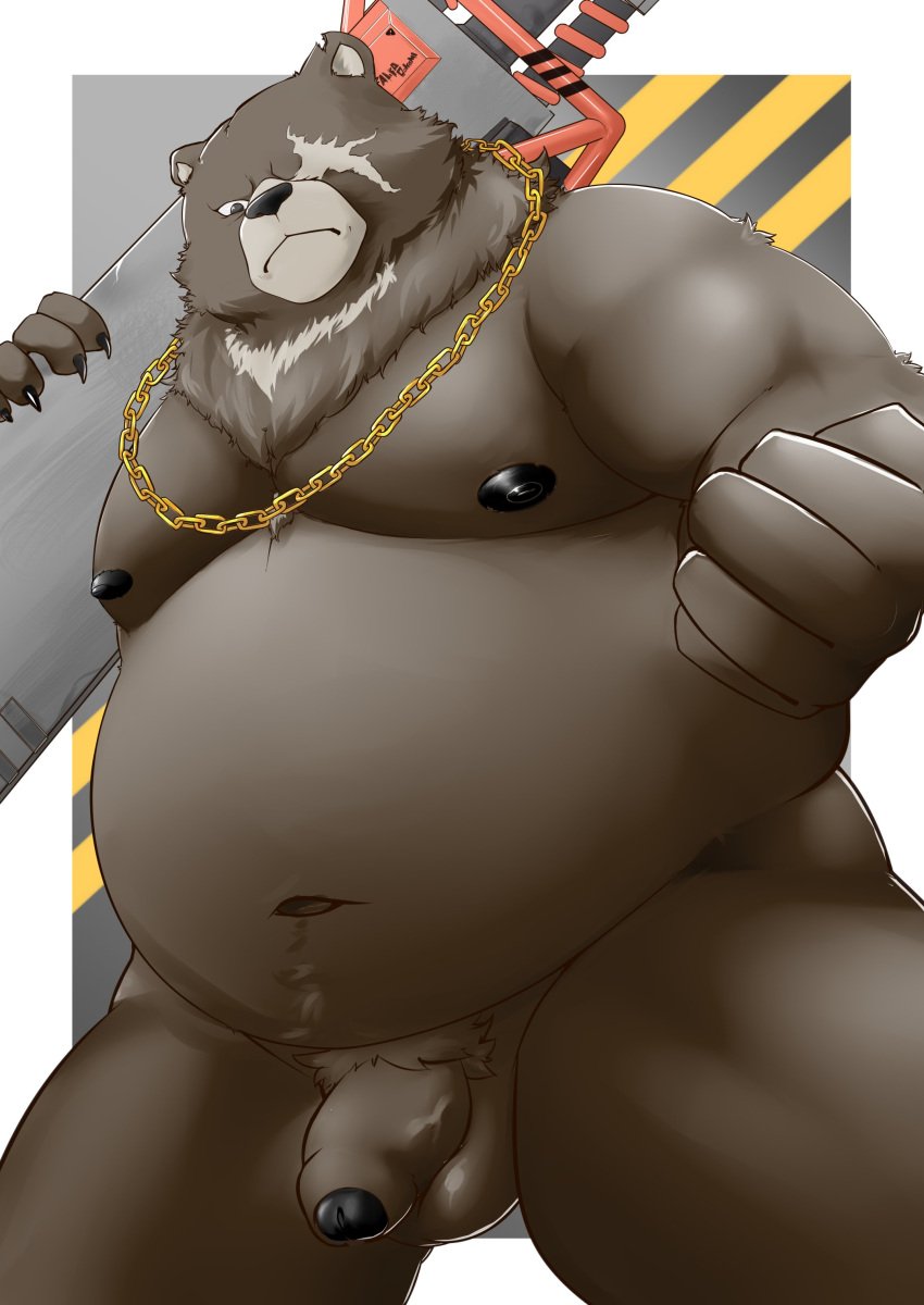 2022 absurd_res anthro balls belly ben_(zenless_zone_zero) ben_bigger big_belly brown_body genitals hi_res humanoid_hands kemono male male_only mammal mihoyo moobs murasaki14134 navel nipples overweight overweight_male penis scar solo ursid weapon zenless_zone_zero