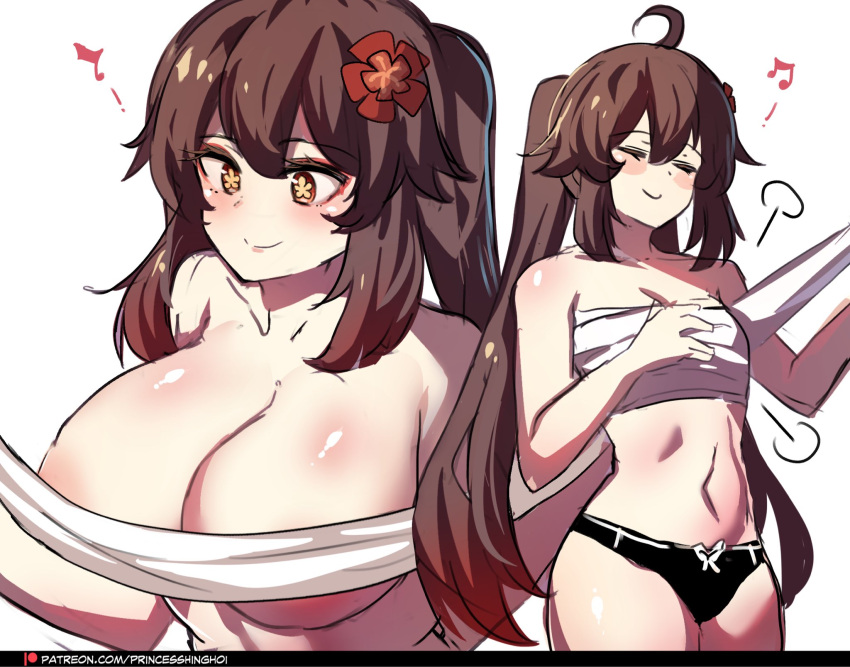 1girls bandaged_chest brown_eyes brown_hair chest_wraps genshin_impact hinghoi hu_tao_(genshin_impact) long_hair mihoyo removing_clothing secret smile star_shaped_pupils