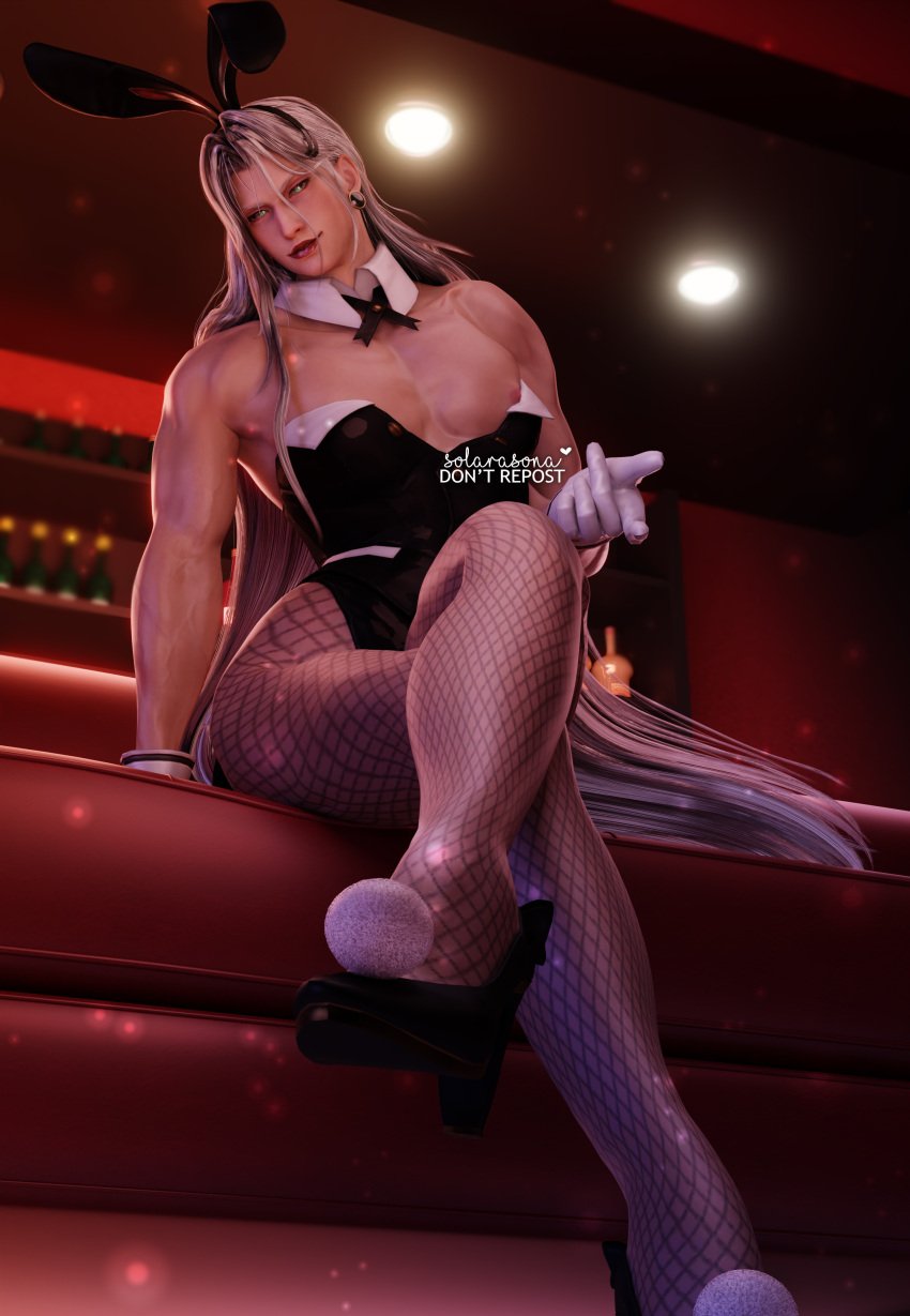 1boy 3d ambush_(trap) bar blender bunny_ears bunnysuit crossed_legs earrings femboy final_fantasy final_fantasy_vii fishnets gloves green_eyes hair_behind_ear heels long_hair looking_at_viewer male male_focus male_only muscular muscular_male nipple_slip pantyhose sephiroth sitting sitting_on_counter smirk solarasona square_enix tagme thighs white_gloves white_hair