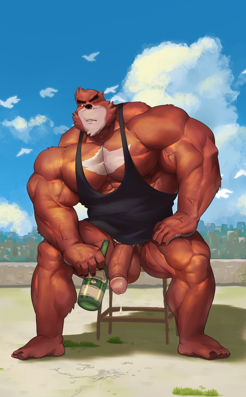 anthro balls bara barazoku beast black_nose bottle chest_tuft drooling furry gay kumatetsu kusunagi male male_only muscles muscular penis precum red_body red_fur saliva sitting solo solo_male spread_legs tank_top the_boy_and_the_beast