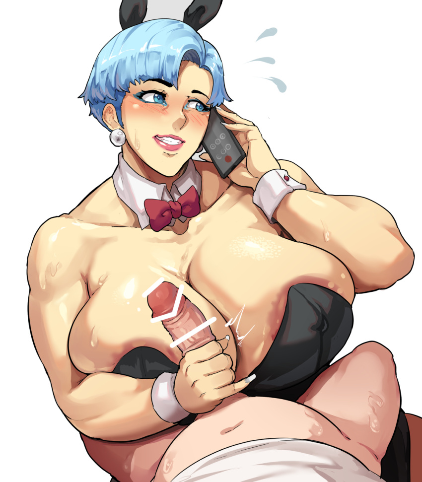 asian asian_female bar_censor big_breasts blue_eyes blue_hair blush blushing bulma_briefs bunny_ears bunny_girl bunnysuit calling censored donaught dragon_ball dragon_ball_super dragon_ball_z earrings grabbing grabbing_penis hand_on_penis handjob hi_res highres light-skinned_female light_skin lipstick mature_female milf neckwear nipples pearl_earrings penis_in_hand phone_call red_lipstick red_ribbon sweat sweating