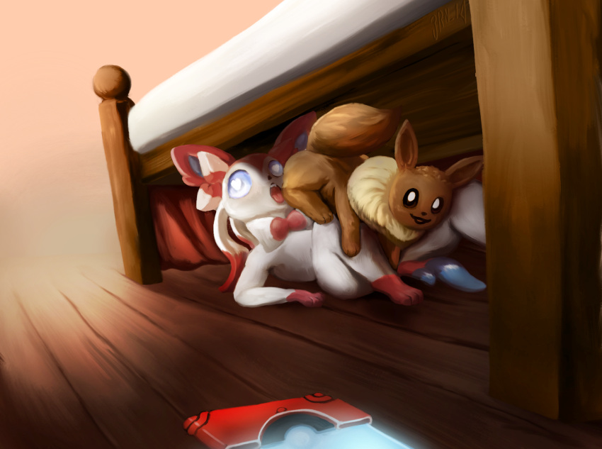 1boy 1girls 3rn14 69 anthro eevee eeveelution furry furry_ears furry_only furry_tail heart-shaped_pupils paws pokemon pokemon_(species) pokephilia sylveon under_bed