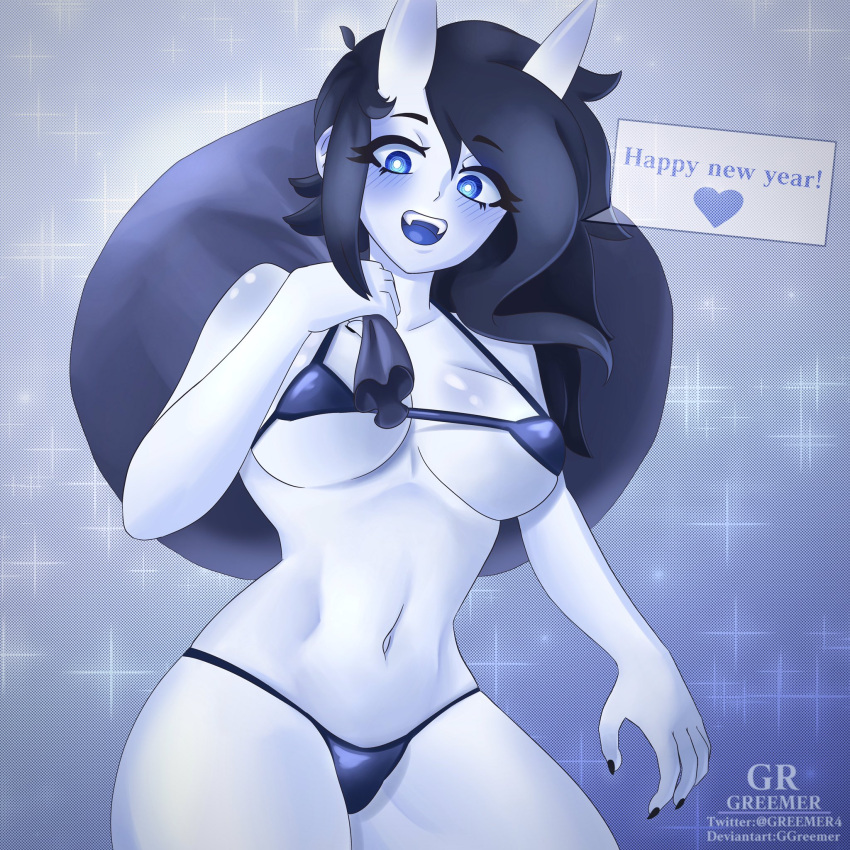 bag black_hair black_nails boobs fanart greemer horns new_year spooky_(ahegaokami) tagme thighs