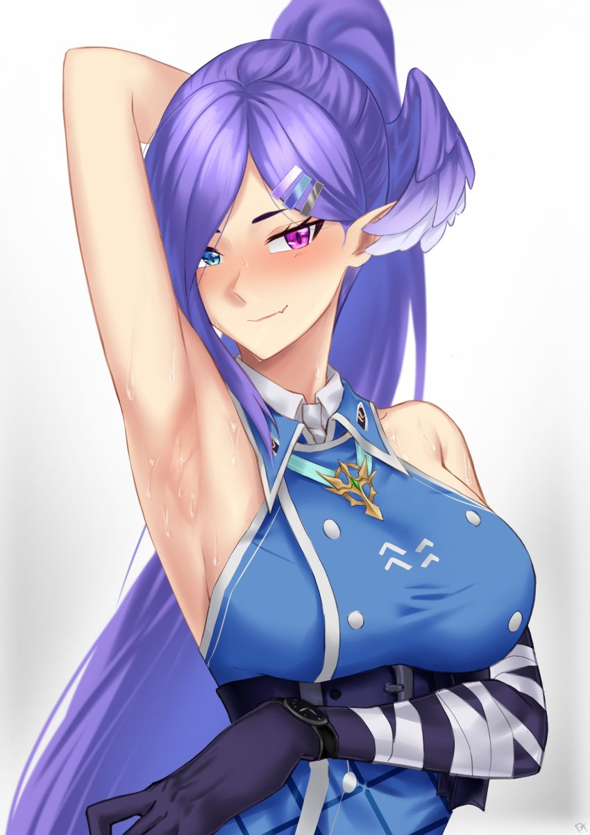 arm_up armpit armpit_peek bare_shoulders big_breasts dragon_hand drawtasu exposed_shoulders hair_wings hairclip head_wings heterochromia hi_res highres nijisanji nijisanji_en ponytail purple_hair selen_tatsuki selen_tatsuki_(2nd_costume) sleeveless sweat sweaty_armpit virtual_youtuber vtuber white_background wristwatch