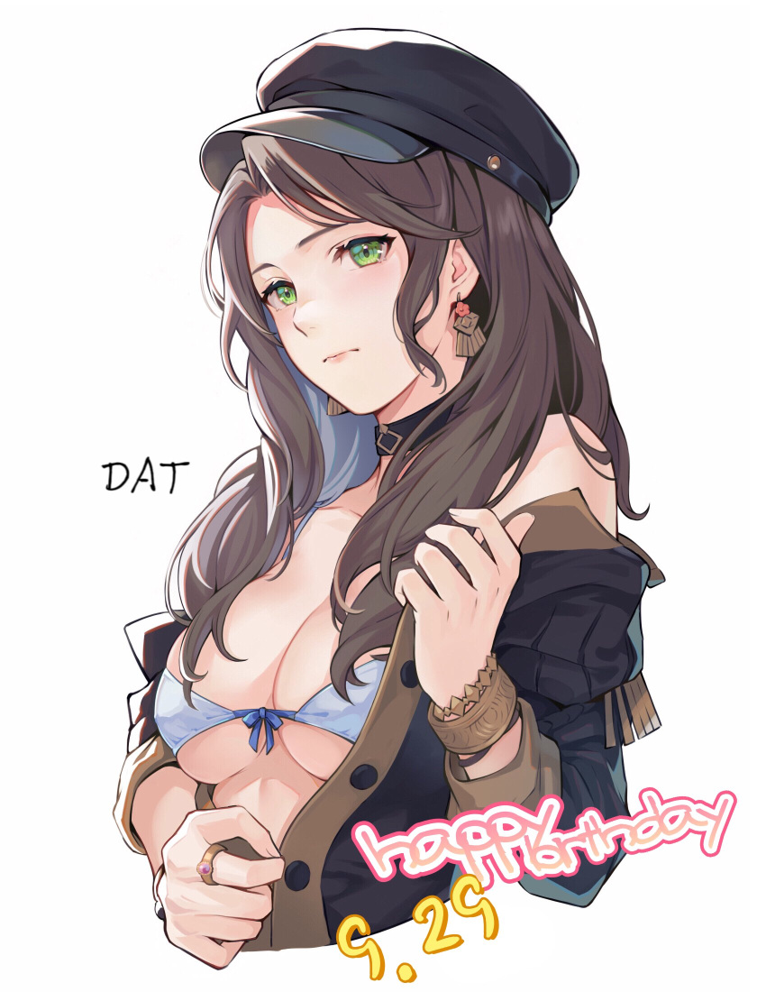 1girls bare_shoulders black_headwear black_jacket bra breasts brown_hair cabbie_hat choker clenched_teeth commentary_request cropped_torso da-cart dated dorothea_arnault earrings female female female_only fire_emblem fire_emblem:_three_houses garreg_mach_monastery_uniform green_eyes hat highres jacket jewelry large_breasts long_hair long_sleeves looking_at_viewer nintendo off_shoulder ring simple_background solo underwear upper_body white_background white_bra