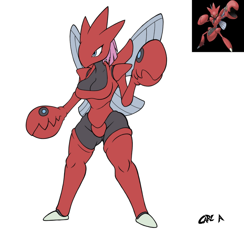 arthropod blue_eyes breasts insects kiroxiii oc pink_hair pokemon pokemon_only scizor watermark wings