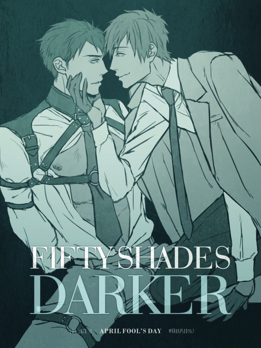 2boys arms_behind_back arms_tied_behind_back bondage clothed clothing domination eye_contact face_grab face_to_face fifty_shades_of_grey_(franchise) free! gloves hands_behind_head hands_tied_behind_back harness makoto_tachibana male male/male male_focus male_only maledom malesub monochrome movie_reference nipples open_clothes open_shirt poster reference sosuke_yamazaki sousuke_yamazaki submissive suit tachibana_makoto yamazaki_sosuke yamazaki_sousuke yaoi