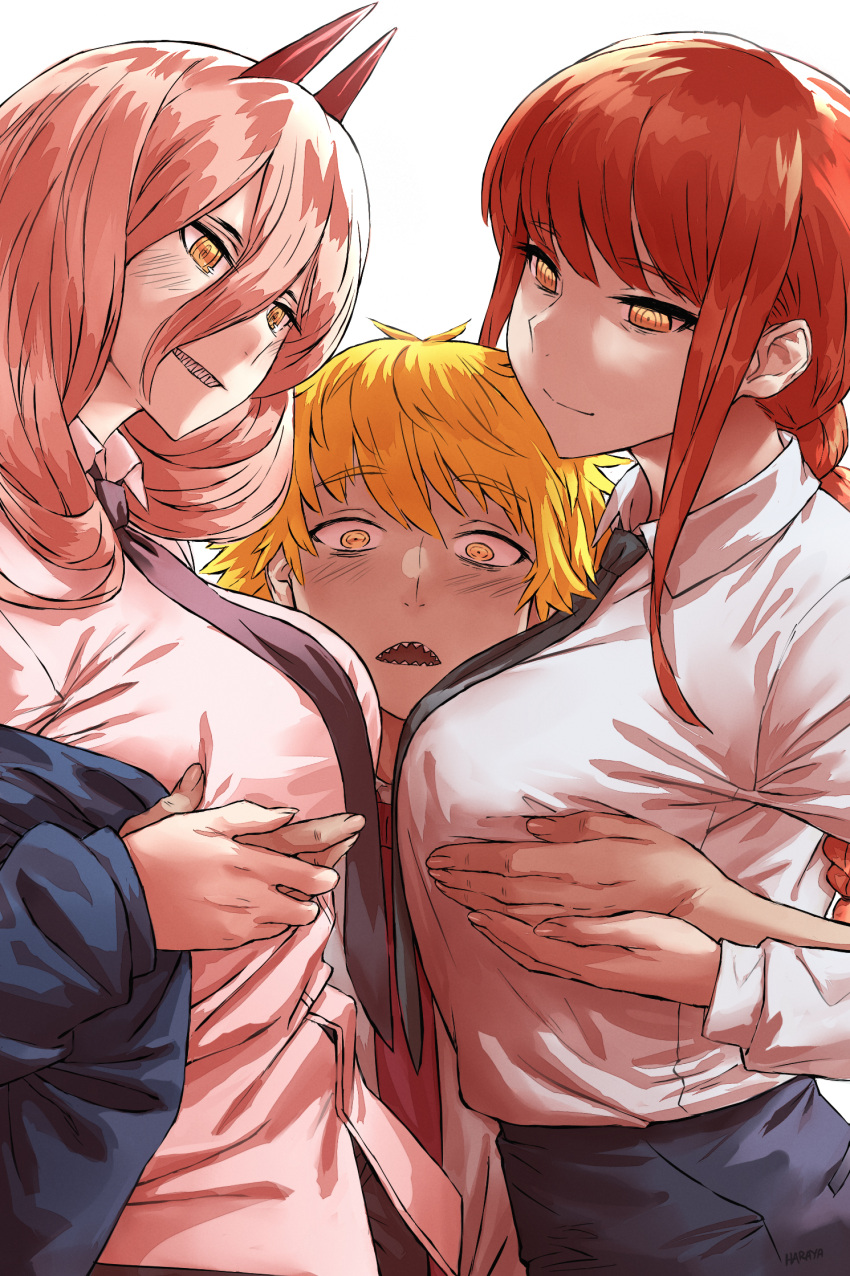 1boy 2girls big_breasts blonde_hair blush breast_grab chainsaw_man consensual demon_girl demon_horns denji_(chainsaw_man) fully_clothed haraya long_hair makima_(chainsaw_man) orange_eyes pink_hair power_(chainsaw_man) red_hair sharp_teeth short_hair surprised yellow_eyes