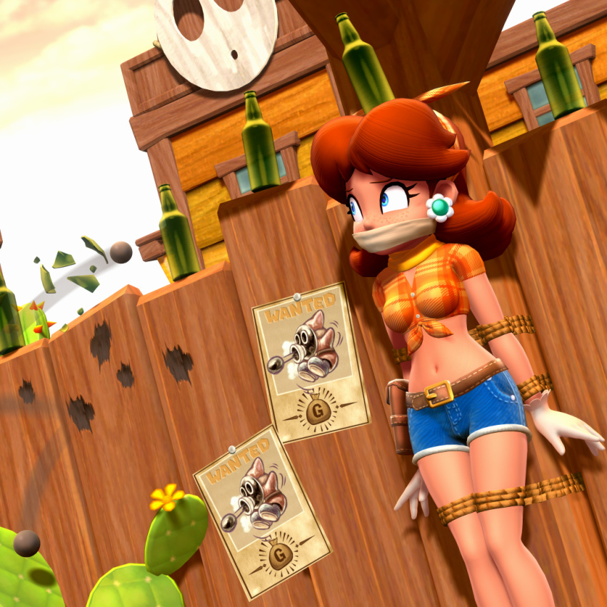 3d 3d_(artwork) alternate_version_at_source auburn_hair blue_eyes bondage brown_hair damsel_in_distress denim_shorts freckles fully_clothed gag hair_ribbon mario_(series) nintendo offscreen_character onmodel3d over_the_mouth_gag peril plaid_shirt princess_daisy rope_bondage shy_guy snifit super_mario_bros. tan_skin tied_shirt tied_to_pole wild_west