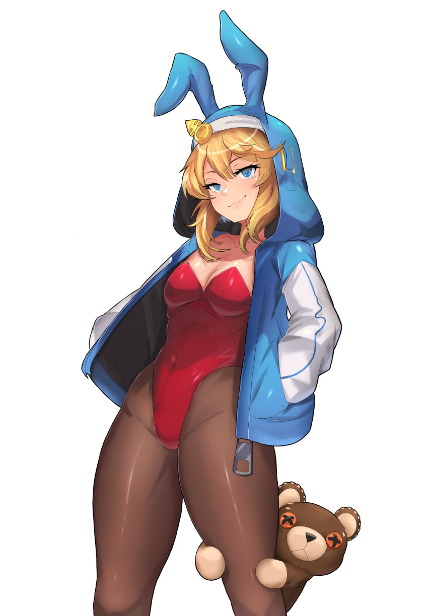 1girls blonde_hair blue_eyes breasts bridget bunny_ears bunnysuit eye_contact female female_only guilty_gear guilty_gear_strive hoodie izumi_is_blah leotard looking_at_viewer nun's_habit pantyhose roger_(guilty_gear) rule_63 smile smug solo standing teddy_bear thick_thighs thighs white_background