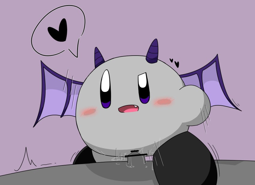 absurd_res bat_wings black_eyes black_heart_(disambiguation) blush bodily_fluids censor_bar cute_fangs duo female genital_fluids genitals grey_body heart hi_res horn human kirby kirby_(series) male male/female mammal matatama membrane_(anatomy) membranous_wings motion_lines penetration purple_sclera purple_wings pussy pussy_juice shadow_kirby simple_background size_difference smaller_female speech_bubble vaginal_penetration waddling_head wings