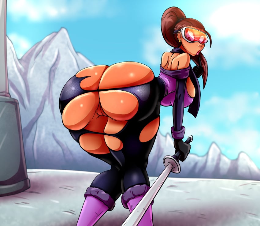 1girls 2018 ass ass_expansion ass_focus bent_over big_breasts breasts cicada dark-skinned_female dark_skin female female_only goggles huge_ass large_breasts looking_back original original_character pussy ripped_clothing ski skiing solo thick_thighs torn_open_bottoms wardrobe_malfunction