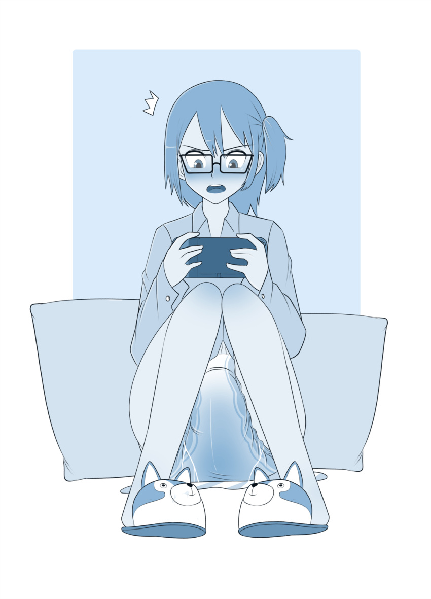 1girls animal_slippers diaper female female_only gaming_console glasses huniepop long_hair monochrome nikki_ann-marie nintendo_switch pajamas pieceofsoap pillow playing_videogame sitting slippers solo surprised video_games