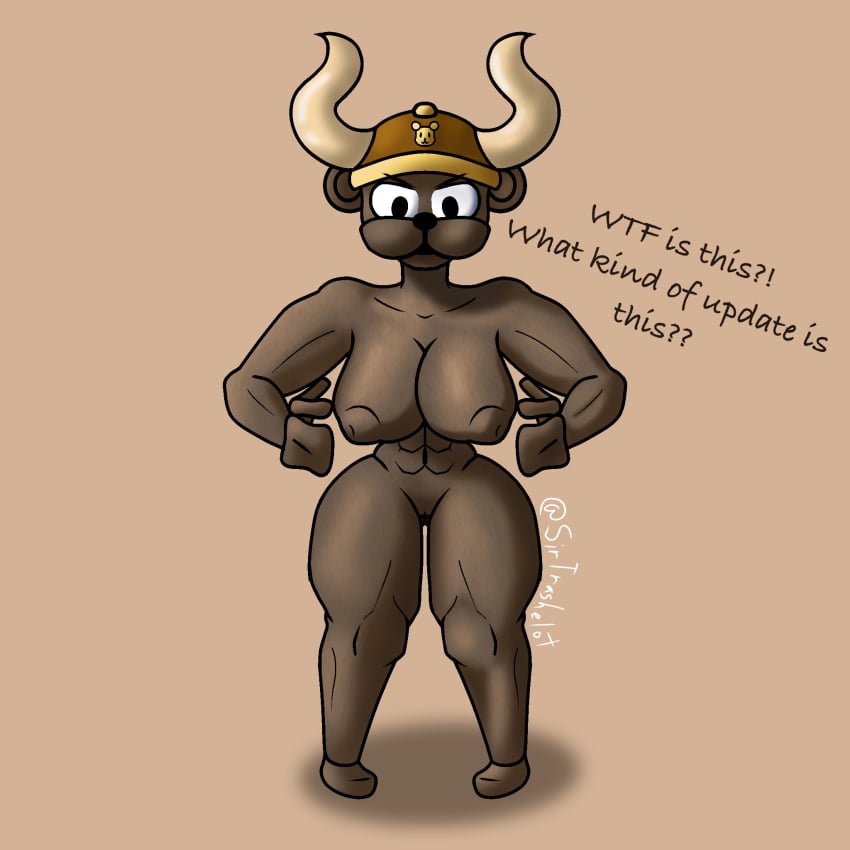 1girls abs angry anthro bear_(game) bear_ears bear_girl big_breasts breasts brown_body brown_fur brown_skin brown_viking_(bear) buff dialogue female_anthro furry i_need_special_guest_r34 muscular muscular_female pussy roblox roblox_game signature sirtrashelot solo solo_female text twitter_username ursid ursine viking viking_female viking_helmet