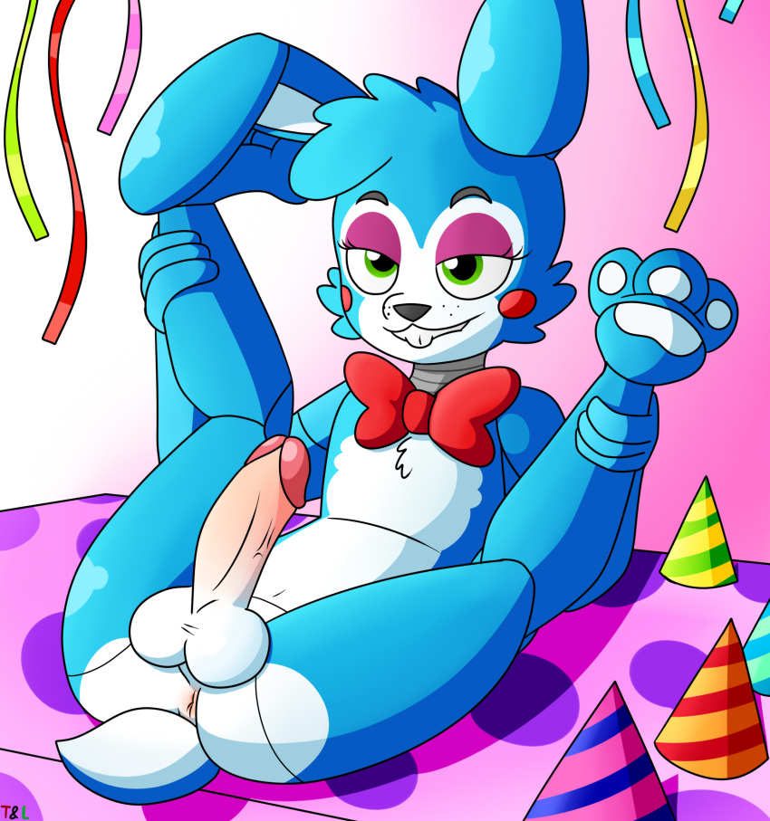 2020 animatronic anthro anus balls black_nose blue_body blue_hair buckteeth clothing confetti_streamer five_nights_at_freddy's five_nights_at_freddy's_2 freckles furniture genitals green_eyes hair hat headgear headwear hi_res holding_legs lagomorph lechugansfw leporid machine male male_only mammal multicolored_body narrowed_eyes party_hat penis pink_background rabbit red_bow_tie robot scottgames simple_background solo spread_legs spreading table teeth toy_bonnie_(fnaf) video_games white_body white_paws