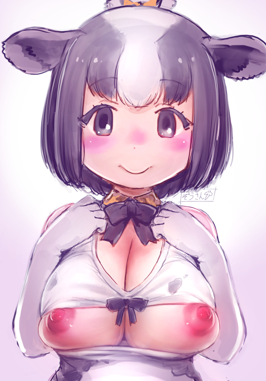 animal_ears animal_print black_eyes black_hair blush breasts breasts_out camouflage camouflage_shirt cow_ears cow_girl cow_print female grey_horns highres holstein_friesian_cattle_(kemono_friends) kemono_friends large_areolae large_breasts looking_at_viewer masuyama_ryou nipples ox_ears ox_girl ox_horns print_shirt puffy_nipples shirt smile solo