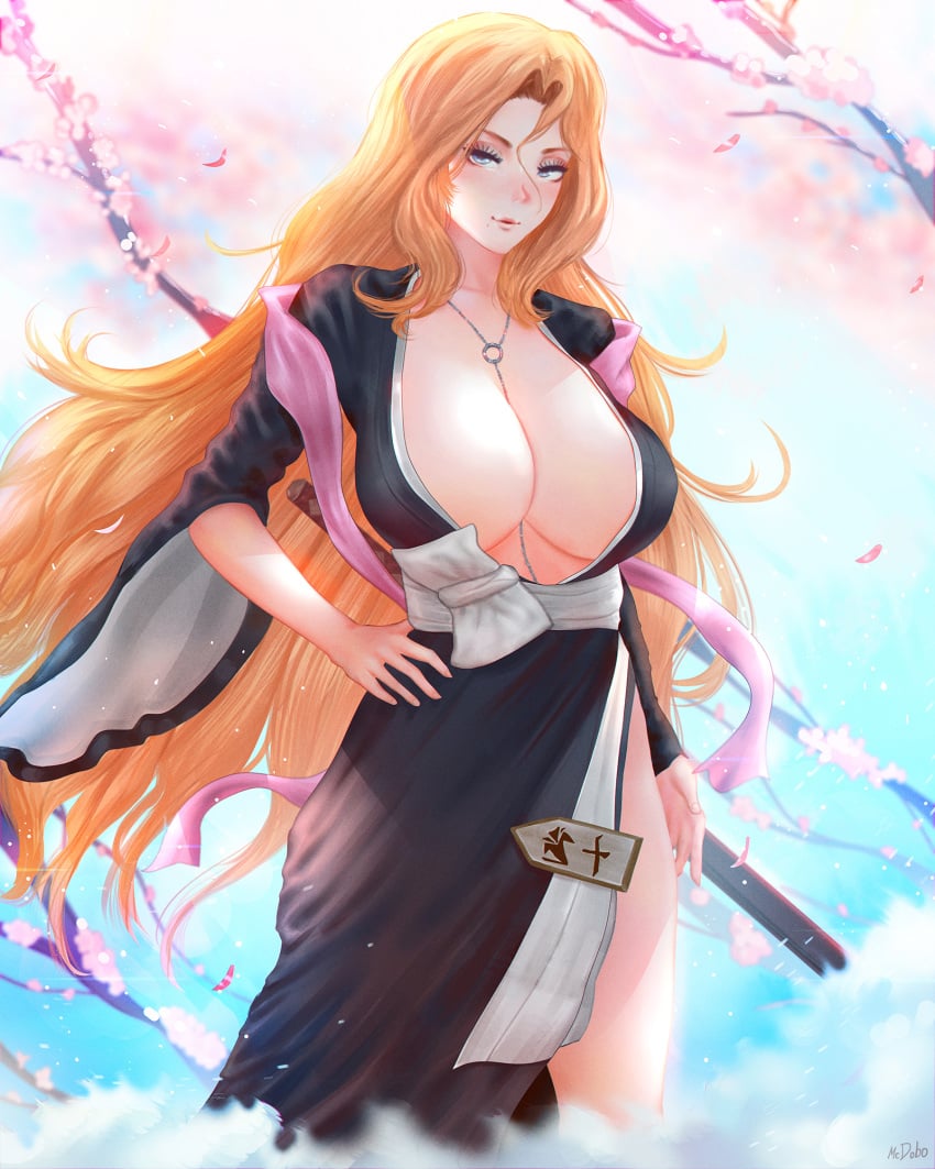 1girls bare_chest bare_legs bare_thighs beauty_mark belt big_breasts bleach blue_eyes blush breasts breasts_bigger_than_head busty chains cherry_blossoms cleavage cropped_legs eyelashes feet_out_of_frame female female_only hand_on_hip hourglass_figure huge_breasts japanese_clothes katana kimono large_breasts looking_at_viewer matsumoto_rangiku mcdobo mole mole_under_mouth necklace necklace_between_breasts no_bra no_panties obi orange_hair pendant pose posing revealing_clothes ribbon robe sash scarf seducing seductive seductive_eyes seductive_look seductive_mouth seductive_pose seductive_smile shinigami solo solo_focus standing sword very_long_hair voluptuous wafuku wavy_hair weapon