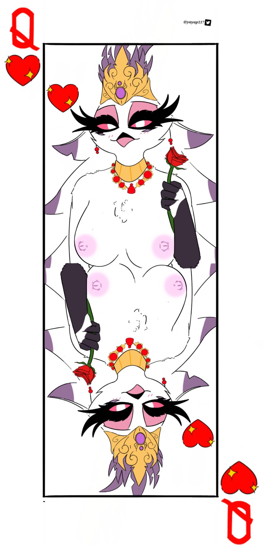 avian beak bedroom_eyes big_breasts big_eyelashes bird blush chest_tuft crown elelite eyeshadow flower helluva_boss jewelry makeup mascara nipples pink_eyes pink_eyeshadow pink_nipples playing_card queen rose_(flower) smile stella_(helluva_boss) thick_eyelashes white_feathers yayap117