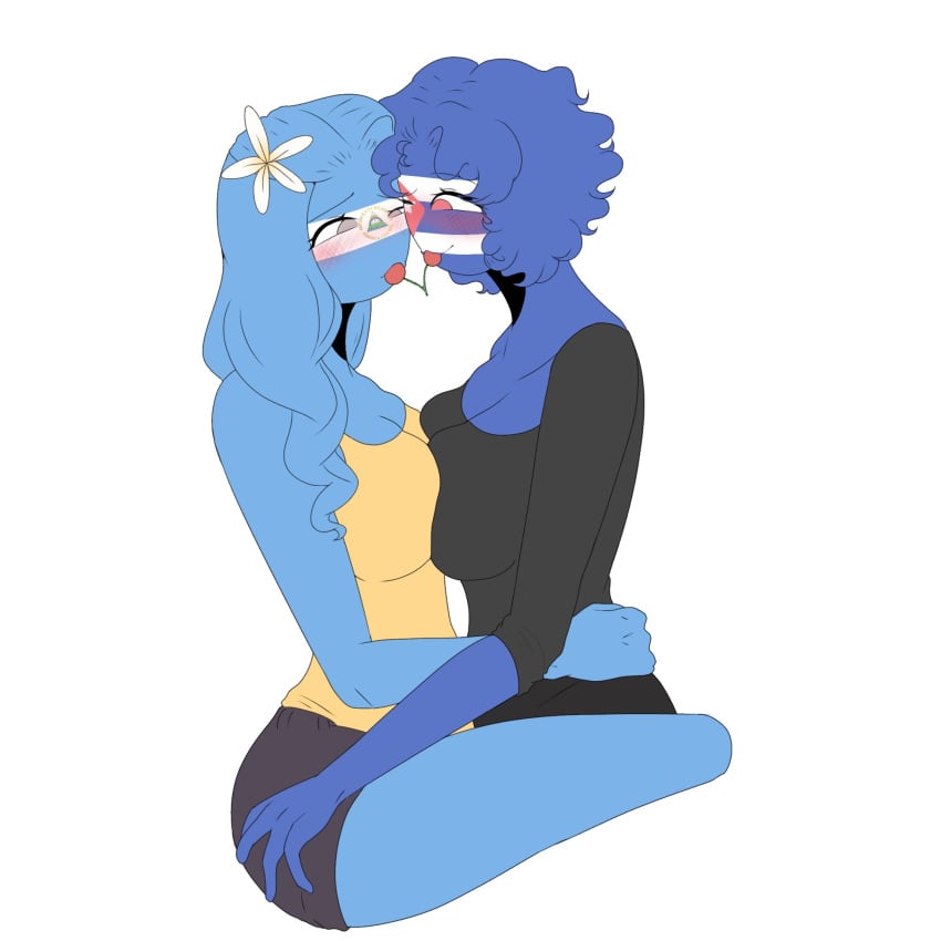 2girls big_breasts black_clothing clothing countryhumans countryhumans_girl cuba cuba_(countryhumans) curly_hair flower fluffermafer long_hair medium_breasts nicaragua_(countryhumans) saliva saliva_string short_hair wavy_hair yellow_clothing yuri