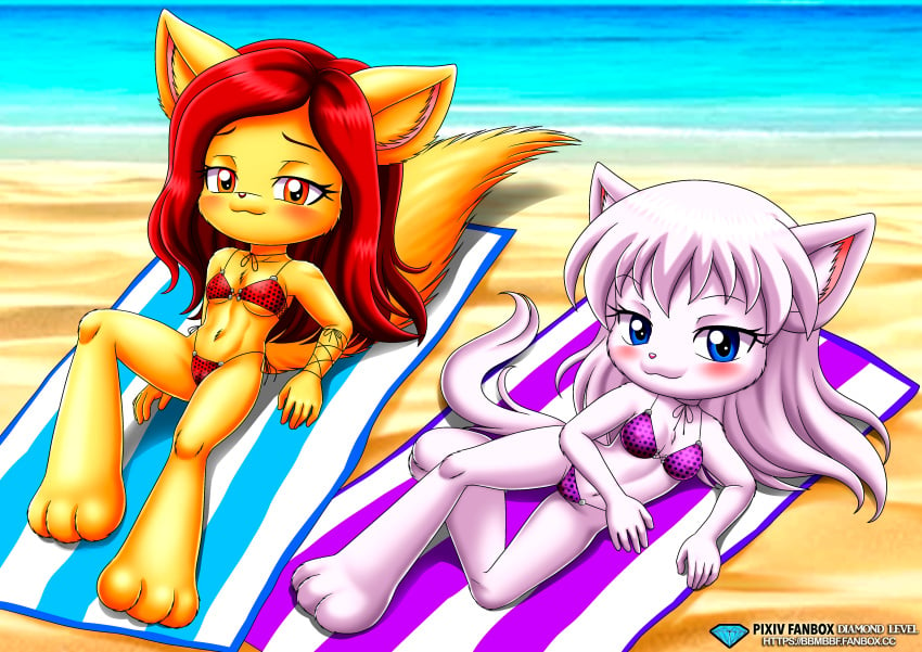 2girls :3 anthro bbmbbf beach blush cat diamond_level female female_only furry little_tails looking_at_viewer palcomix pietros_secret_club