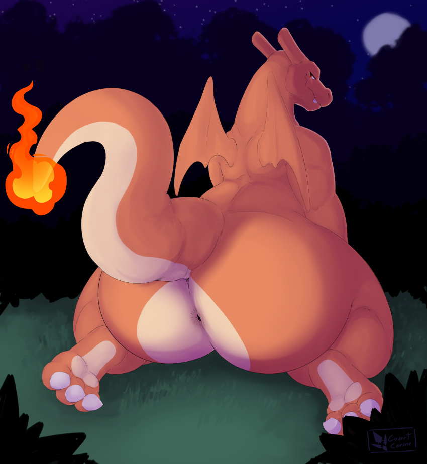 absurd_res anthro anus ass big_butt charizard covertcanine feral generation_1_pokemon hi_res huge_butt looking_at_viewer looking_back looking_back_at_viewer male male_only night_time nintendo pokemon pokemon_(species) presenting presenting_hindquarters raised_tail slightly_chubby solo solo_male video_games