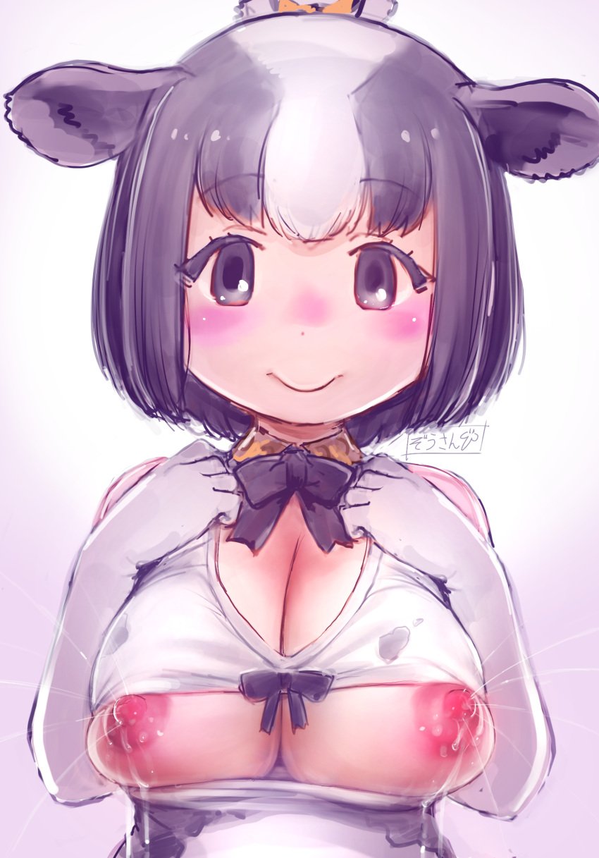 animal_ears animal_print black_eyes black_hair blush breasts breasts_out camouflage camouflage_shirt cow_ears cow_girl cow_print female grey_horns highres holstein_friesian_cattle_(kemono_friends) kemono_friends lactation lactation large_areolae large_breasts looking_at_viewer masuyama_ryou nipples ox_ears ox_girl ox_horns print_shirt puffy_nipples shirt smile solo