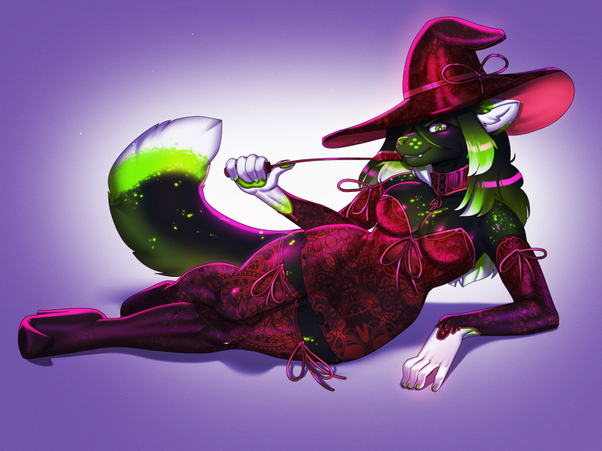 1girls anthro arh black_fur black_hair breasts collar dress female gloves green_eyes green_fur green_hair high_heels holding_riding_crop holding_whip large_breasts laying_on_side long_hair looking_at_viewer multicolored_fur multicolored_hair original red_collar red_dress red_gloves red_high_heels red_thighhighs riding_crop short_dress thighhighs whip witch_costume witch_hat wolf wolf_ears wolf_girl wolf_tail